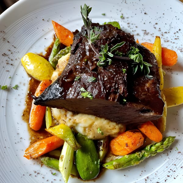 Braised short rib with mashed potatoes, roasted carrots, and asparagus on a white plate.