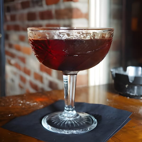 A dark red cocktail in a coupe glass on a black napkin, with a brick wall background.